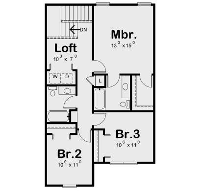 Second Floor: 3BR, 2BA, Loft, Ldry closet, Mbr suite with WIC, stairs. House Plan # 402-01918 Second Floor Floor Plan Drawing by America's Best House Plans, Inc.