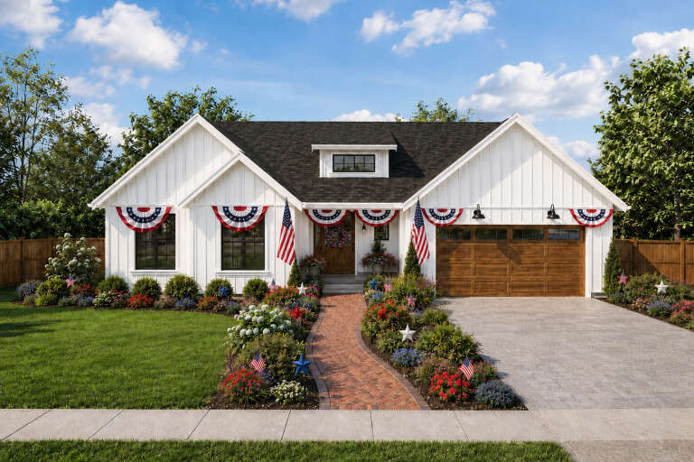 White Modern Farmhouse, Front Elevation, vertical siding, brick walkway, wooden garage, patriotic decor, lush landscaping. House Plan # 2559-01116 Digital Rendering by America's Best House Plans, Inc.