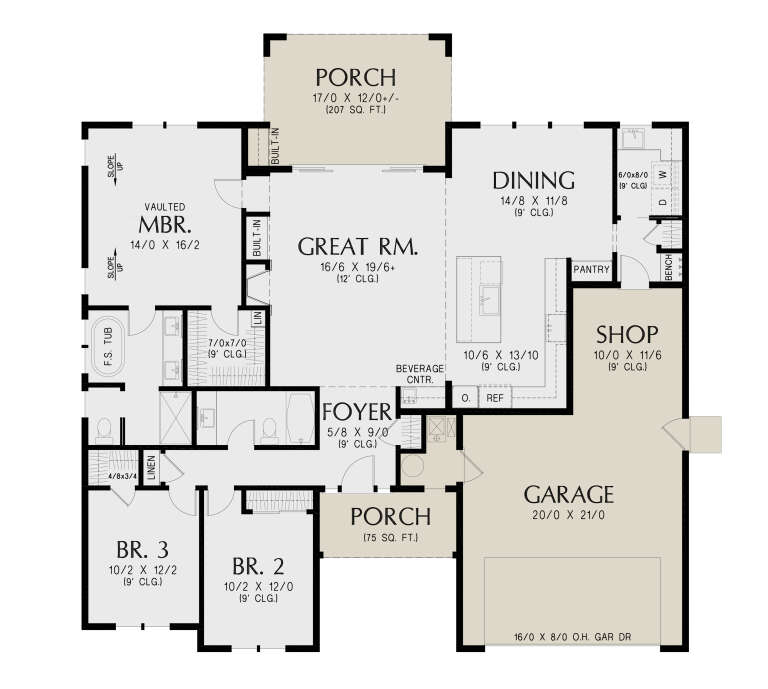 Main Floor: 3BR, 2BA, Vaulted MBR, Great Rm, Dining, Kitchen, Pantry, Ldry, 2-car garage, Shop, 2 Porches, WIC, Stairs. House Plan # 2559-01116 Main Floor  Floor Plan Drawing by America's Best House Plans, Inc.
