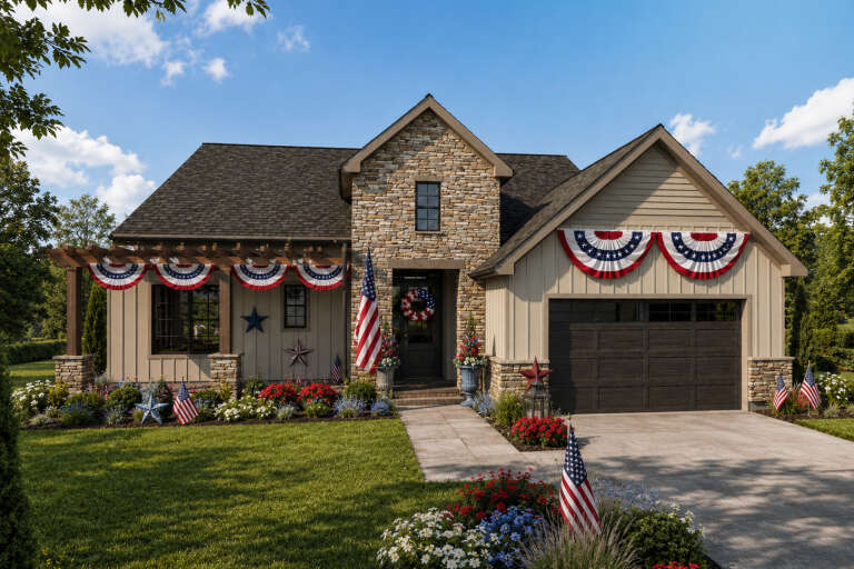 Tan and stone, Front Elevation, board-and-batten siding, wooden pergola, patriotic decor, stone accents, lush landscaping. House Plan # 2559-01117 Digital Rendering by America's Best House Plans, Inc.