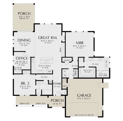 Main Floor: 3BR, 2BA, Great Rm, Dining, Office, Kitchen, Ldry, 2-car garage, 2 Porches, WIC, Pantry, 11' & 9' ceilings. House Plan # 2559-01117 Main Floor  Floor Plan Drawing by America's Best House Plans, Inc.