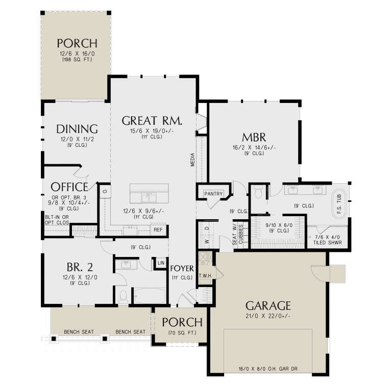 Main Floor: 3BR, 2BA, Great Rm, Dining, Office, Kitchen, Ldry, 2-car garage, 2 Porches, WIC, Pantry, 11' & 9' ceilings. House Plan # 2559-01117 Main Floor  Floor Plan Drawing by America's Best House Plans, Inc.