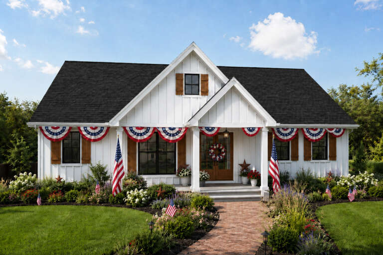 White Modern Farmhouse, Front Elevation with board-and-batten siding, patriotic bunting, brick path, and wood shutters. House Plan # 2559-01118 Digital Rendering by America's Best House Plans, Inc.