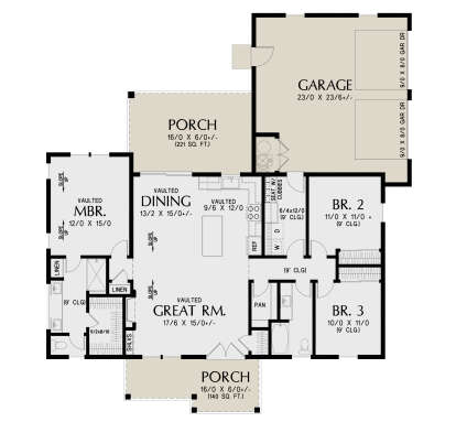 Main Floor: 3BR, 2BA, Vaulted Great Rm, Dining, Kitchen, Ldry, 2-car garage, 2 porches. WIC, Pantry. 9' ceilings. House Plan # 2559-01118 Main Floor  Floor Plan Drawing by America's Best House Plans, Inc.
