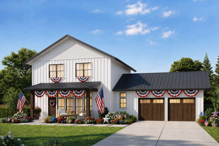 White Modern Farmhouse, Angled Front Elevation, board-and-batten siding, dark metal roof, wood doors, patriotic decor. House Plan # 2559-01119 Digital Rendering by America's Best House Plans, Inc.