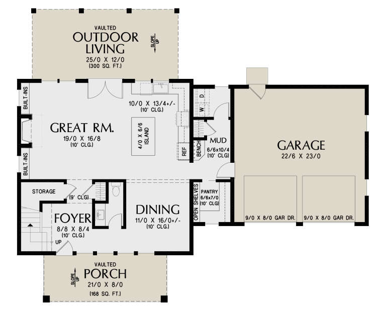 Main Floor: Great Rm, Dining, Kitchen, Mud, Pantry, 2-car garage, stairs, vaulted porch & outdoor living, 10' ceilings. House Plan # 2559-01119 Main Floor  Floor Plan Drawing by America's Best House Plans, Inc.