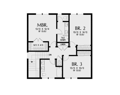 Second Floor: 3BR, 2BA, WIC, Linen closet, stairs. All rooms feature 9' ceilings. House Plan # 2559-01119 Second Floor Floor Plan Drawing by America's Best House Plans, Inc.