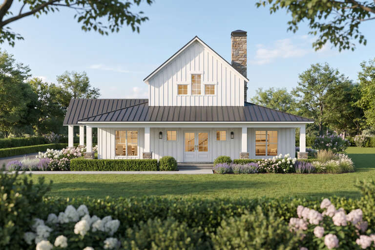 White Modern Farmhouse, Front Elevation, board-and-batten siding, metal roof, stone chimney, porch, lush landscaping. House Plan # 8318-00494 Digital Rendering by America's Best House Plans, Inc.