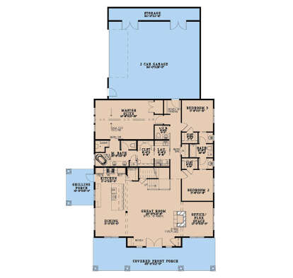 Main Floor: 3BR, 2.5BA, Great Rm, Kitchen, Dining, Office, Ldry, 2-car garage, 2 porches. Vaulted Master, Fireplace. House Plan # 8318-00494 Main Floor  Floor Plan Drawing by America's Best House Plans, Inc.