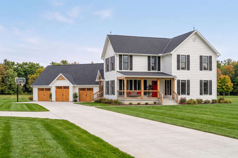 White Modern Farmhouse, Angled Front Elevation, horizontal siding, wood garage doors, red front door, porch, lawn. House Plan # 5032-00452 Digital Rendering by America's Best House Plans, Inc.