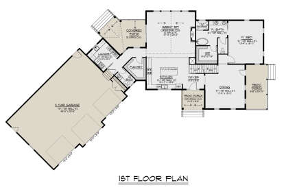 Main Floor: 1BR, 1.5BA, Great Rm, Kitchen, Dining, Foyer, Ldry, Pantry, 3-car garage, 2 porches, patio, WIC, stairs. House Plan # 5032-00452 Main Floor  Floor Plan Drawing by America's Best House Plans, Inc.