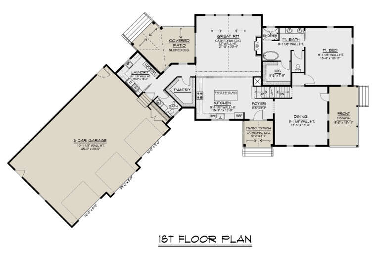 Main Floor: 1BR, 1.5BA, Great Rm, Kitchen, Dining, Foyer, Ldry, Pantry, 3-car garage, 2 porches, patio, WIC, stairs. House Plan # 5032-00452 Main Floor  Floor Plan Drawing by America's Best House Plans, Inc.