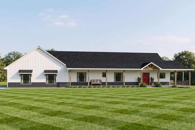White Barndominium, Angled Front Elevation, vertical board-and-batten siding, red door, wood posts, and manicured lawn. House Plan # 5032-00453 Digital Rendering by America's Best House Plans, Inc.