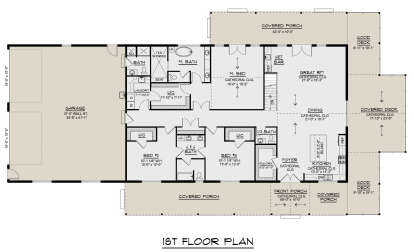 Main Floor: 3BR, 2.5BA, Great Rm, Kitchen, Dining, Ldry, Pantry, Wet Bar, 3-car garage, 2 Porches, 2 Decks. Cathedral clgs. House Plan # 5032-00453 Main Floor  Floor Plan Drawing by America's Best House Plans, Inc.