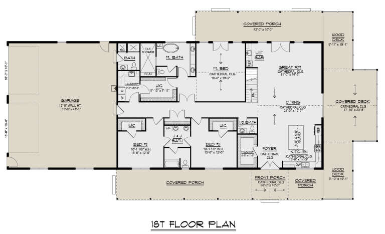 Main Floor: 3BR, 2.5BA, Great Rm, Kitchen, Dining, Ldry, Pantry, Wet Bar, 3-car garage, 2 Porches, 2 Decks. Cathedral clgs. House Plan # 5032-00453 Main Floor  Floor Plan Drawing by America's Best House Plans, Inc.
