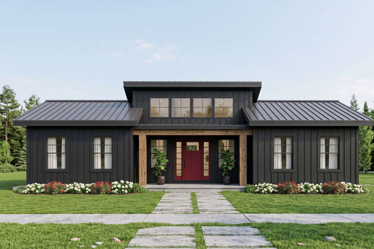 Black Modern Craftsman, Front Elevation with board-and-batten siding, red door, wood beams, and stone paver walkway. House Plan # 5032-00454 Digital Rendering by America's Best House Plans, Inc.