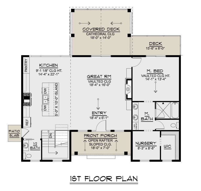 Main Floor: 2BR, 1.5BA, Kitchen, Great Rm, Nursery, WIC, Pantry. Vaulted Great/M.Bed, Cathedral Deck, Porch, Patio, Stairs. House Plan # 5032-00454 Main Floor  Floor Plan Drawing by America's Best House Plans, Inc.