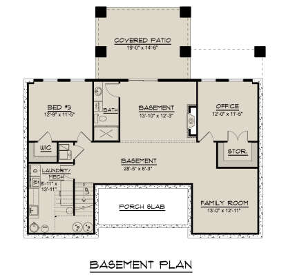 Basement: 1 BR, 1 BA, Office, Family, Ldry/Mech, WIC, Storage, Fireplace, Stairs, Covered Patio, Porch Slab. Unheated areas. House Plan # 5032-00454 Basement Floor Plan Drawing by America's Best House Plans, Inc.