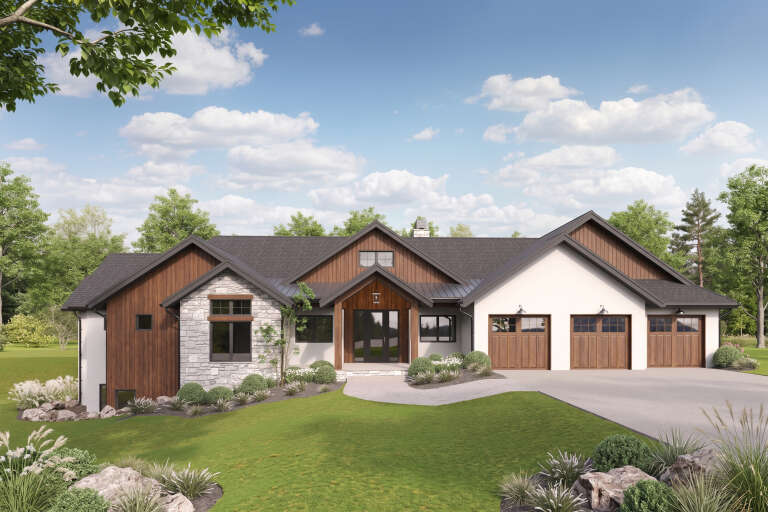 White Modern Transitional, Front Elevation, wood siding, stone accents, three-car garage, lantern lights, lush landscaping. House Plan # 5631-00348 Digital Rendering by America's Best House Plans, Inc.
