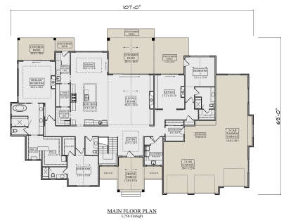Main Floor: 3BR, 3.5BA, Living, Dining, Kitchen, 2 Service Kitchens, Office, Ldry, Mud, 4-car tandem garage, 2 Patios, Porch. House Plan # 5631-00348 Main Floor  Floor Plan Drawing by America's Best House Plans, Inc.