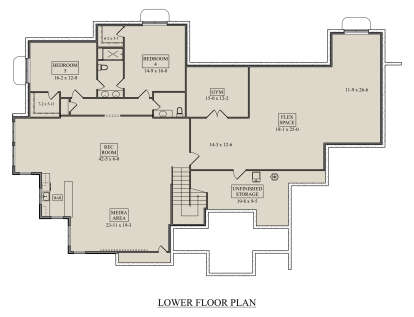 Basement: 2BR, 1BA, Rec Room, Media Area, Bar, Gym, Flex Space, Stairs, Unfinished Storage. Unheated: Storage area. House Plan # 5631-00348 Basement Floor Plan Drawing by America's Best House Plans, Inc.