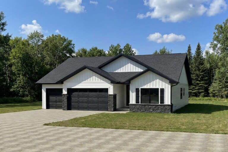 White Modern Farmhouse, Angled Front Elevation, vertical board-and-batten siding, stone accents, black garage, lawn. House Plan # 5631-00349 Digital Rendering by America's Best House Plans, Inc.