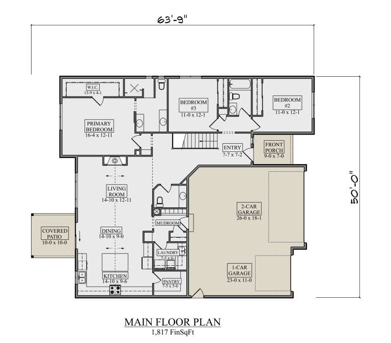 Main Floor: 3BR, 2BA, Living, Dining, Kitchen, Pantry, Mudroom, Ldry, 3-car garage, stairs, Front Porch, Covered Patio, WIC. House Plan # 5631-00349 Main Floor  Floor Plan Drawing by America's Best House Plans, Inc.