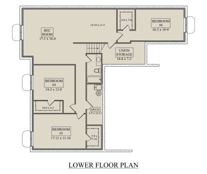Basement: 3BR, 1BA, Rec Room, Mech room, Unfin storage, 2 WIC. Stairs. Unheated: Unfin storage area. House Plan # 5631-00349 Basement Floor Plan Drawing by America's Best House Plans, Inc.