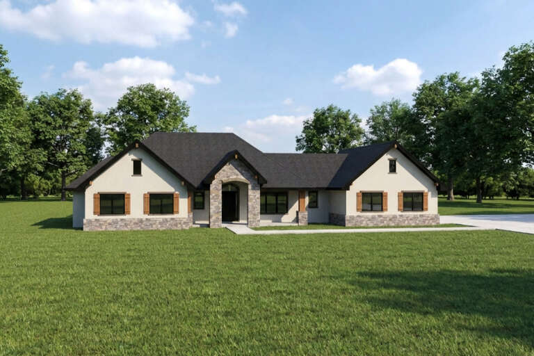 Beige Craftsman, Angled Front Elevation, stucco and stone siding, wooden shutters, arched stone entry, grassy landscape. House Plan # 5631-00350 Digital Rendering by America's Best House Plans, Inc.