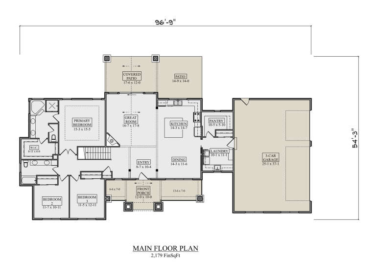 Main Floor: 3BR, 2BA, Great Room, Kitchen, Dining, Pantry, Ldry, 3-car garage, WIC, stairs, covered patio, patio, porch. House Plan # 5631-00350 Main Floor  Floor Plan Drawing by America's Best House Plans, Inc.