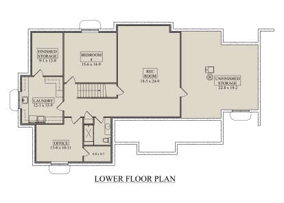 Basement: 1BR, 1BA, Rec Room, Office, Ldry, Finished/Unfinished storage, stairs. Unfinished: storage area. House Plan # 5631-00350 Basement Floor Plan Drawing by America's Best House Plans, Inc.