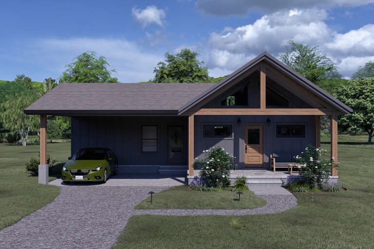 Grey Modern Farmhouse, Front Elevation, board-and-batten siding, timber beams, stone porch, landscaping, path lighting. House Plan # 7174-00045 Digital Rendering by America's Best House Plans, Inc.
