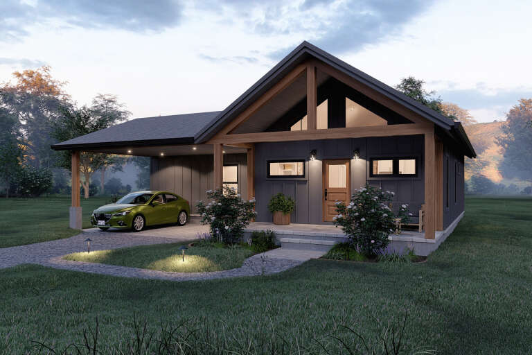 Grey Modern Farmhouse, Angled Front Elevation at Dusk, board-and-batten siding, timber beams, lit porch, stone walkway. House Plan # 7174-00045 Digital Rendering by America's Best House Plans, Inc.
