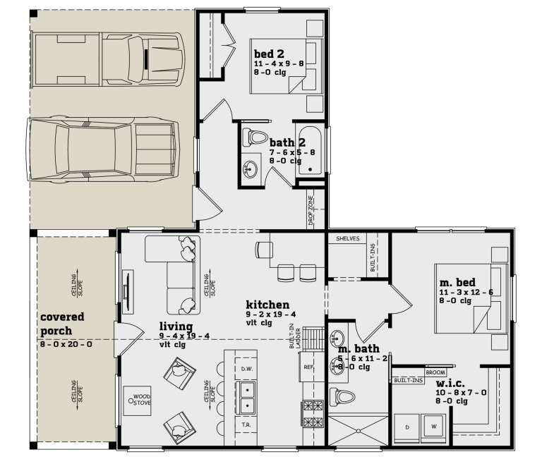 Main Floor: 2BR, 2BA, vaulted Living, Kitchen, Ldry, WIC, 2-car garage, covered porch, wood stove. Unheated: garage, porch. House Plan # 7174-00045 Main Floor  Floor Plan Drawing by America's Best House Plans, Inc.