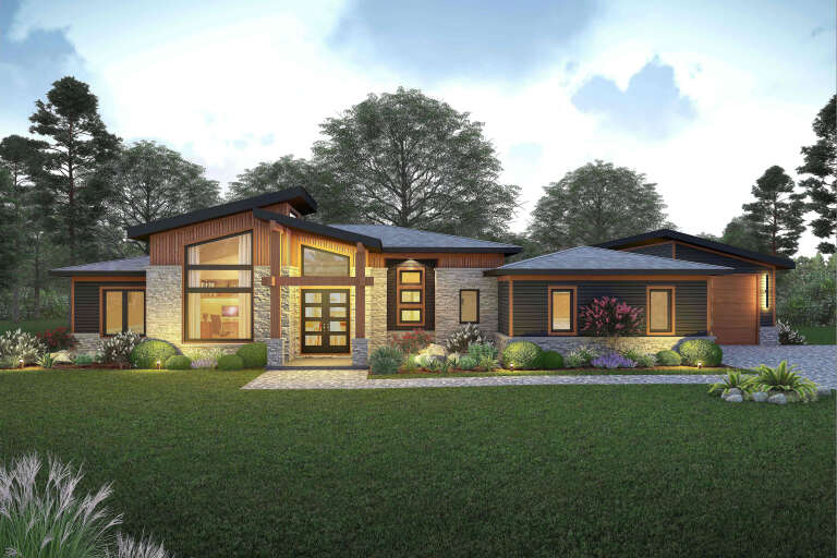 Charcoal Modern, Front Elevation, stone siding, wood accents, floor-to-ceiling windows, lit interior, manicured landscaping. House Plan # 940-01456 Digital Rendering by America's Best House Plans, Inc.