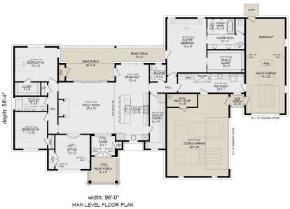 Main Floor: 3BR, 2.5BA, Office, Family, Kitchen, Brkfst, Pantry, Mud, 3-car garage, Workshop, 3 Porches, WIC, 10-13' clgs. House Plan # 940-01456 Main Floor  Floor Plan Drawing by America's Best House Plans, Inc.