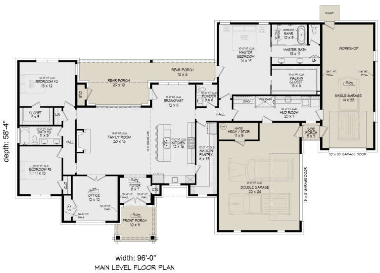 Main Floor: 3BR, 2.5BA, Office, Family, Kitchen, Brkfst, Pantry, Mud, 3-car garage, Workshop, 3 Porches, WIC, 10-13' clgs. House Plan # 940-01456 Main Floor  Floor Plan Drawing by America's Best House Plans, Inc.