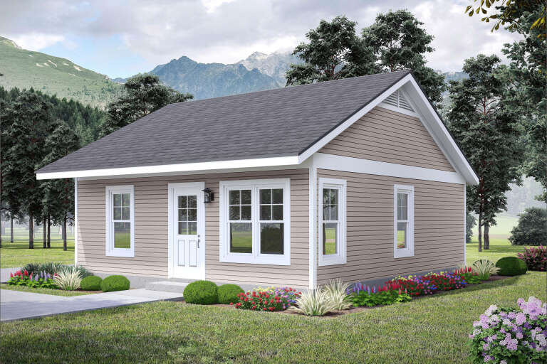 Tan Traditional, Angled Front Elevation, horizontal siding, white trim, dark roof, lantern light, and floral landscaping. House Plan # 940-01457 Digital Rendering by America's Best House Plans, Inc.