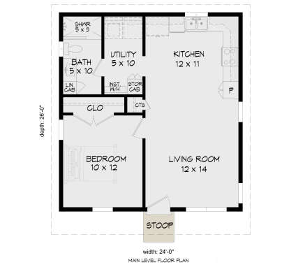 Main Floor: 1BR, 1BA, Living Room, Kitchen, Utility room, Closet, Storage cabinet, Linen cabinet, Pantry, Stoop. House Plan # 940-01457 Main Floor  Floor Plan Drawing by America's Best House Plans, Inc.