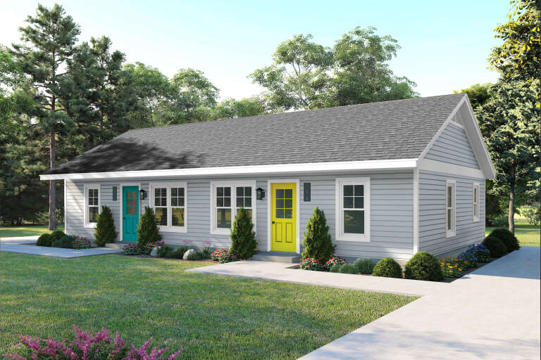 Grey Traditional, Angled Front Elevation, horizontal siding, teal and yellow doors, lanterns, concrete paths, landscaping. House Plan # 940-01458 Digital Rendering by America's Best House Plans, Inc.