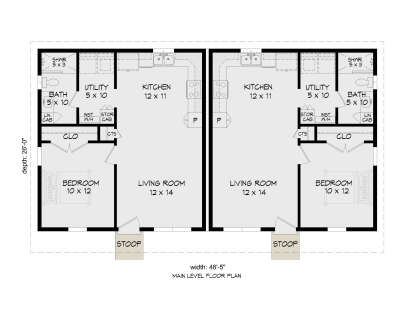 Main Floor: Duplex, each unit has 1 BR, 1 BA, Living, Kitchen, Utility, Closet, Stoop. Total: 2 BR, 2 BA. House Plan # 940-01458 Main Floor  Floor Plan Drawing by America's Best House Plans, Inc.