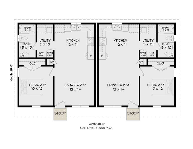 Main Floor: Duplex, each unit has 1 BR, 1 BA, Living, Kitchen, Utility, Closet, Stoop. Total: 2 BR, 2 BA. House Plan # 940-01458 Main Floor  Floor Plan Drawing by America's Best House Plans, Inc.