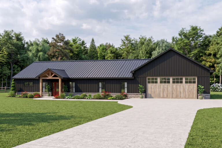 Black Barndominium, Angled Front Elevation, vertical metal siding, stone base, wood garage doors, timber porch, landscaping. House Plan # 5032-00455 Digital Rendering by America's Best House Plans, Inc.