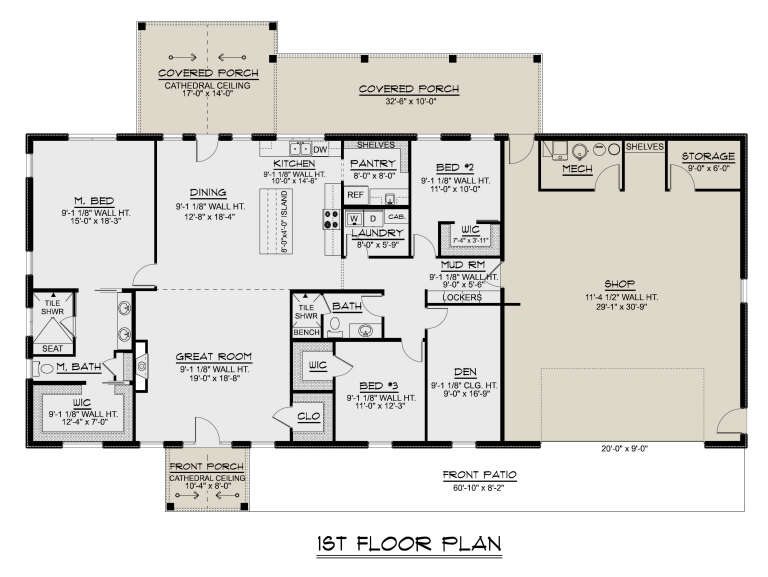 Main Floor: 3BR, 2BA, Great Room, Kitchen, Dining, Den, Ldry, Mud Rm, Pantry, 2 WIC, Shop, 2 Covered Porches, Front Patio. House Plan # 5032-00455 Main Floor  Floor Plan Drawing by America's Best House Plans, Inc.