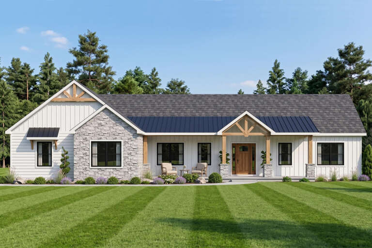 White Modern Farmhouse, Front Elevation, stone and board-and-batten siding, metal roof accents, timber trusses, lawn. House Plan # 5032-00456 Digital Rendering by America's Best House Plans, Inc.