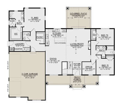 Main Floor: 3BR, 2.5BA, Office, Kitchen, Dining, Living, Ldry, Pantry, 3-car garage, Porch, Covered Patio. Cathedral clgs. House Plan # 5032-00456 Main Floor  Floor Plan Drawing by America's Best House Plans, Inc.
