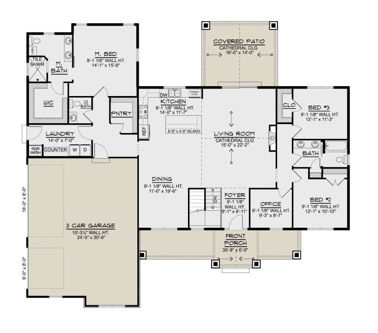 Main Floor: 3BR, 2.5BA, Office, Kitchen, Dining, Living, Ldry, Pantry, 3-car garage, Porch, Covered Patio. Cathedral clgs. House Plan # 5032-00456 Main Floor  Floor Plan Drawing by America's Best House Plans, Inc.