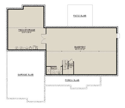 Basement: 1 BA, Mech/Storage, stairs, closet with sloped ceiling. Unheated: Garage slab, porch slab, patio slab. House Plan # 5032-00456 Basement Floor Plan Drawing by America's Best House Plans, Inc.