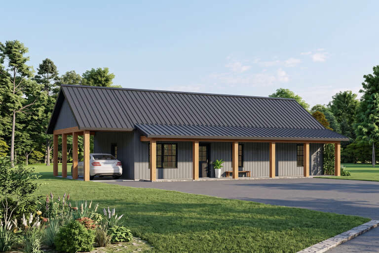 Grey Country, Angled Front Elevation, vertical board-and-batten siding, metal roof, timber posts, and lush landscaping. House Plan # 5032-00457 Digital Rendering by America's Best House Plans, Inc.