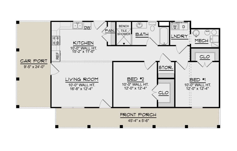 Main Floor: 2BR, 1BA, Kitchen, Living, Ldry, Mech, Pantry, Closets, Storage. Carport, Front Porch. 10' ceilings. House Plan # 5032-00457 Main Floor  Floor Plan Drawing by America's Best House Plans, Inc.